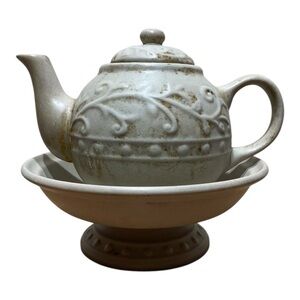 Vintage Ceramic Pottery Bowl & Accompanying Glazed Vine Design Tea Pot